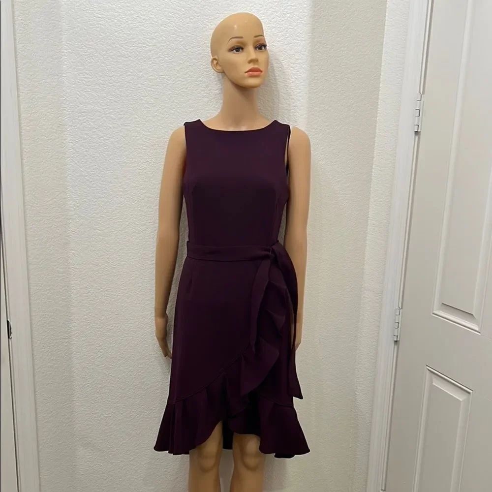 Calvin Klein Purple Dress Sz 2 Boat Neck Sleeveless Slimming Side Wrap Belted